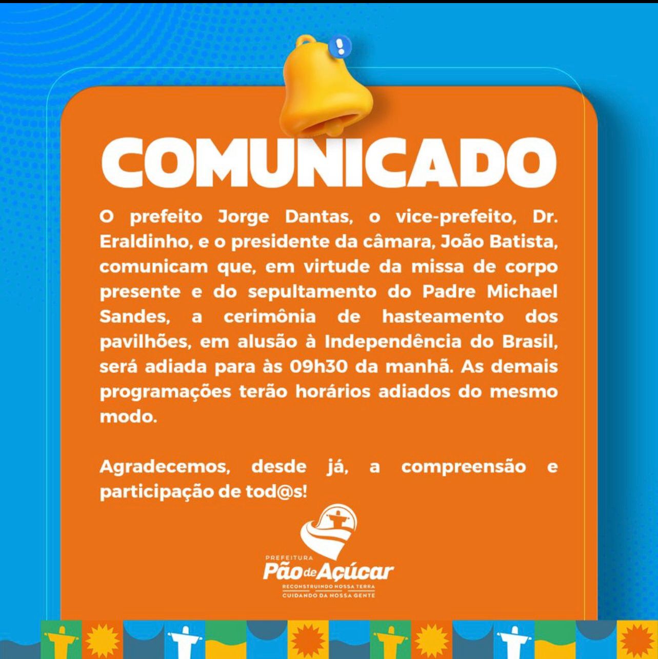Alteração no horário das solenidades alusivas ao 7 de Setembro
